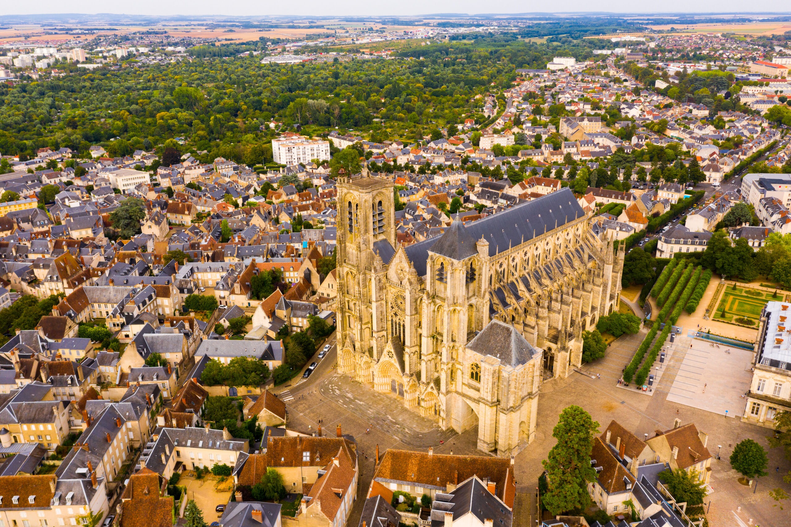 Drone view of French town of Bourges with Cathedral